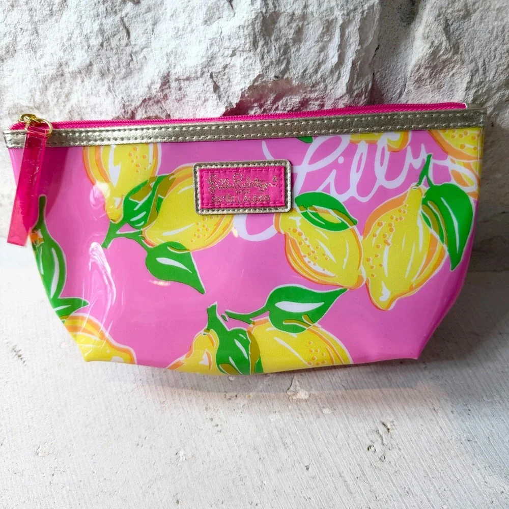 Lilly Pulitzer for Estee Lauder Pink Lemon Print Vinyl Cosmetic Makeup Bag Pouch